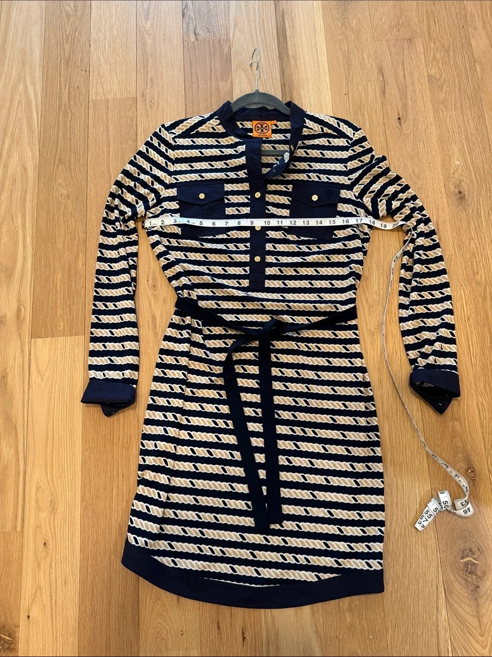 Tory Burch Navy and Cream Rope-Print Long-Sleeve Shirt Dress